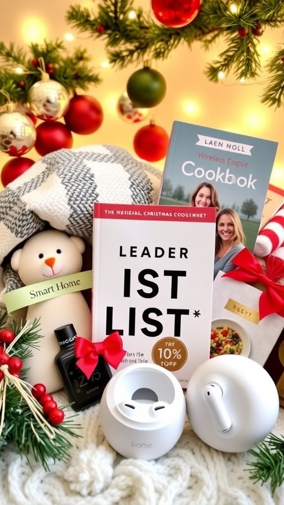 A festive Christmas wish list with various gift items including a blanket, earbuds, and a cookbook.